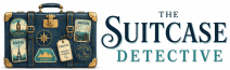 "The Suitcase Detective website logo featuring a vintage blue suitcase with travel stickers and case files, representing detective culture, mystery books, movies, and true crime."